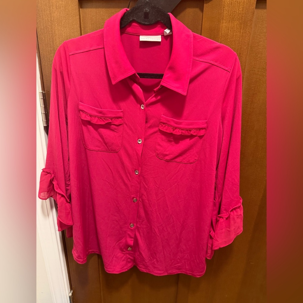 Susan Graver Bright Fuchsia Button-Front Blouse with Chest Pockets. QVC exc.